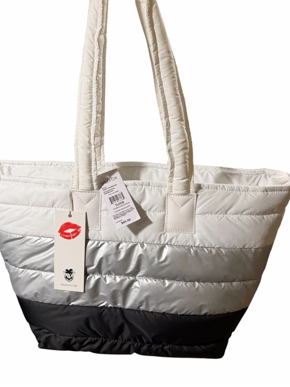 WILDFOX Quilted Tote Bag in White, Silver & Black NWT